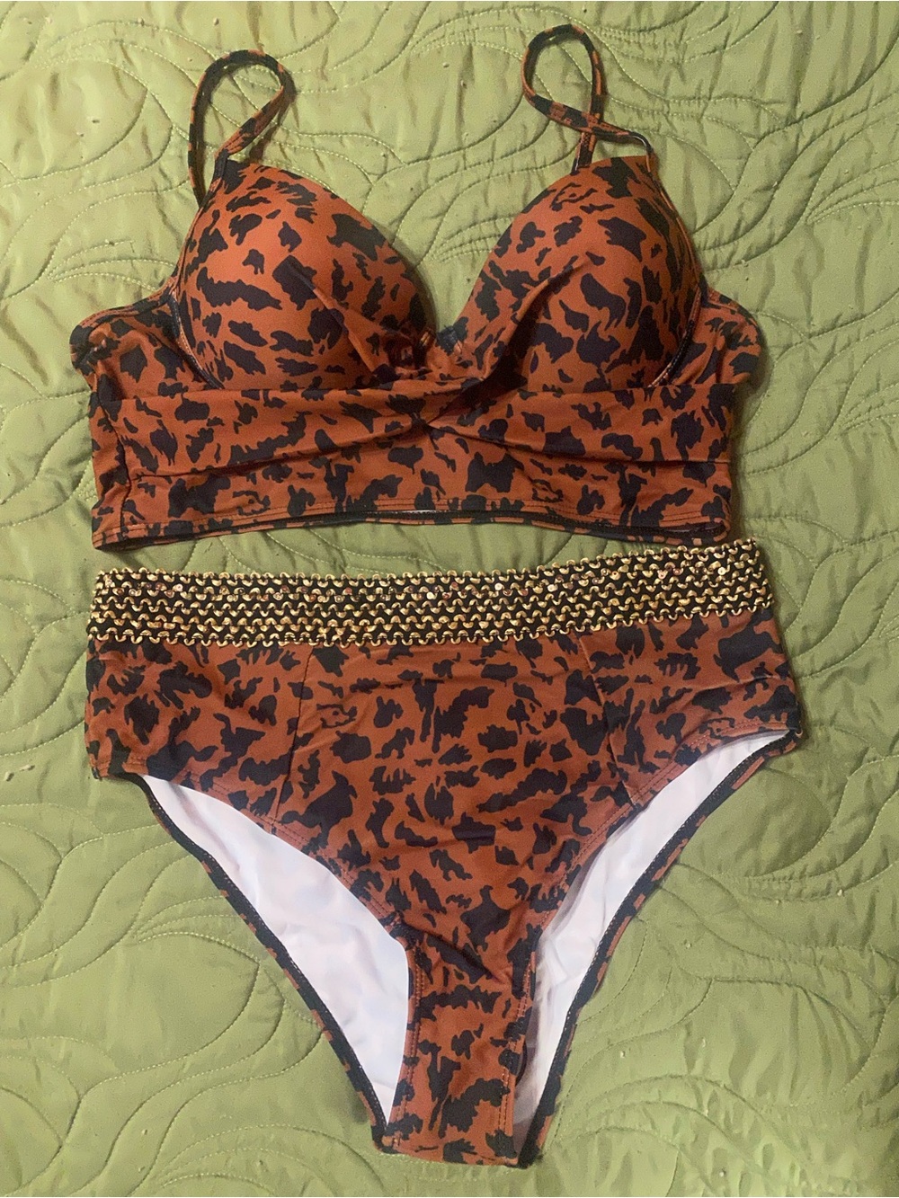 SHEIN Rust Brown & Black High-Waist Animal Print Bikini with Chain Detail